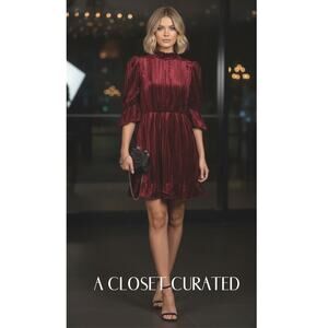 Batsheva Ruffled Plissé Cotton-Velvet Mini Dress 2 Red NEW